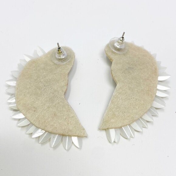 White Cream Beaded Crystal Geometric Semicircle Fan Statement Earrings - Picture 3 of 6